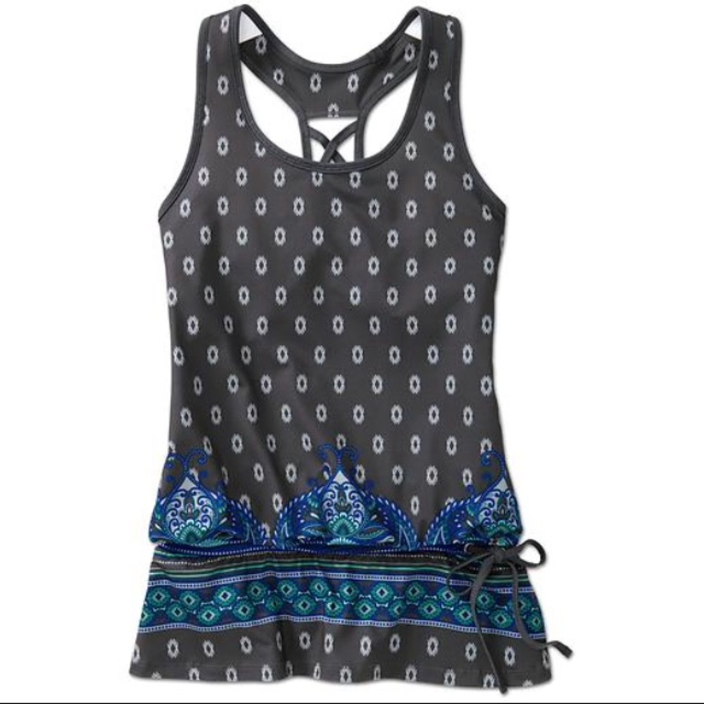 Athleta Black Tank Top with Blue & Teal Border Print